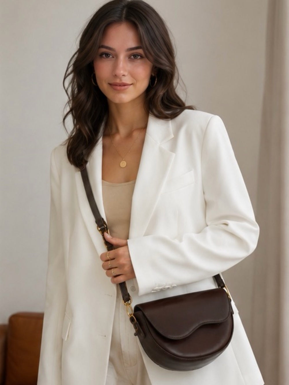 Curved Saddle Crossbody Bag in Dark Brown with Gold Chain Accent